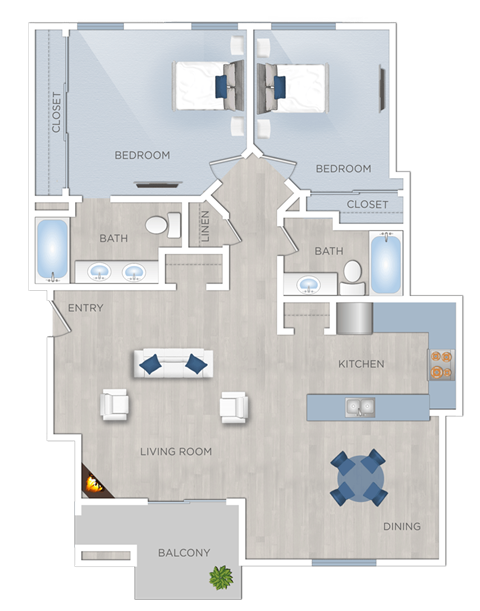 Floor plan for 2 beds, 2 baths, 1103 sqft